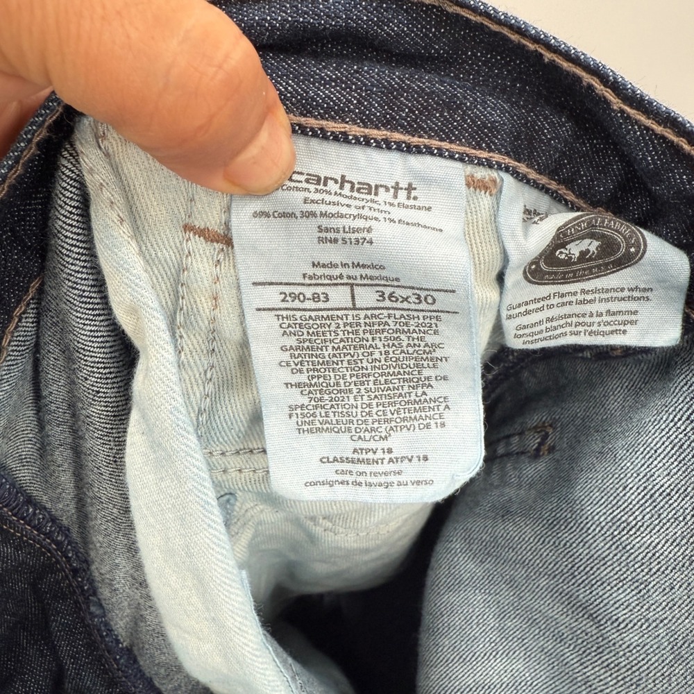Carhartt FR Mens 36x30 Blue Denim Work Pants Arc Rated NFPA 2112 Flame Resistant - Picture 8 of 10
